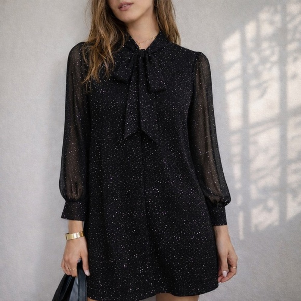 Michael‎ Michael Kors Shirt Dress XXS Black Polka Dot Tie Neck Sheer Long Sleeve